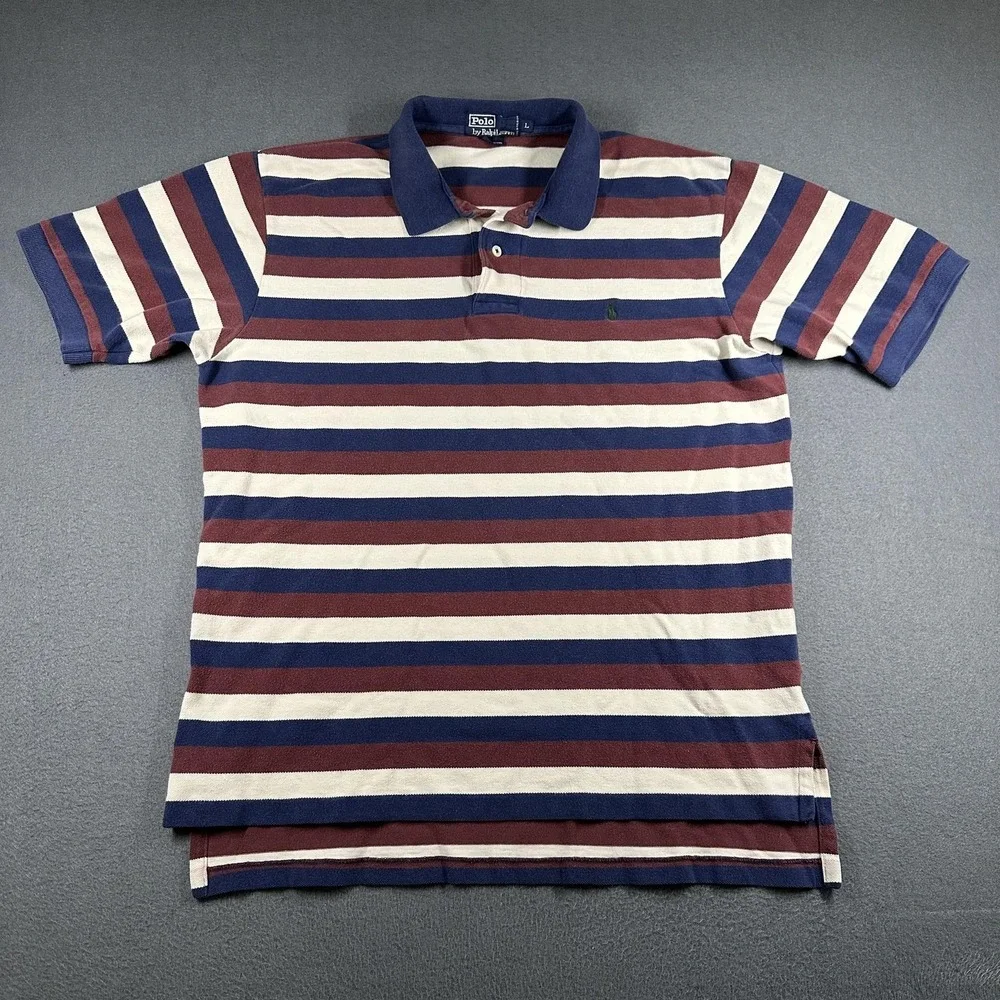 Polo Ralph Lauren Polo Shirt Mens Large Navy Burgundy Stripe Pony Logo Cotton